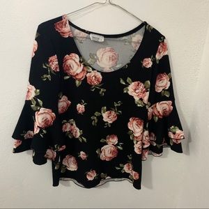Omega 3/4” Bells Sleeve Black Floral Blouse Size M